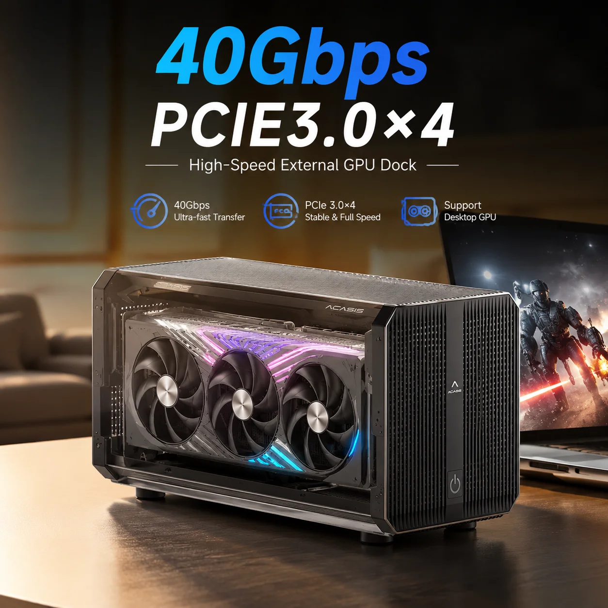 Thunderbolt 4 External Gpu Enclosure - Acasis 40Gbps eGPUエンクロージャー、24ピン電源スイッチ付き、Thunderbolt 5/4/3 USB4対応、ノートパソコン用外付けGPUドック、PCIe 3.0x4
